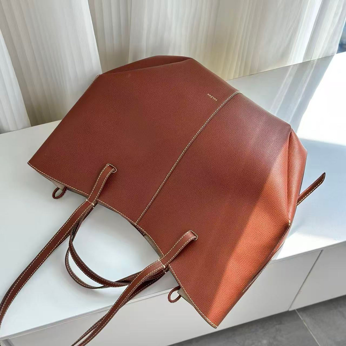 Polène 2026 Cyme Textured Tote Bag 38cm Cognac Leather