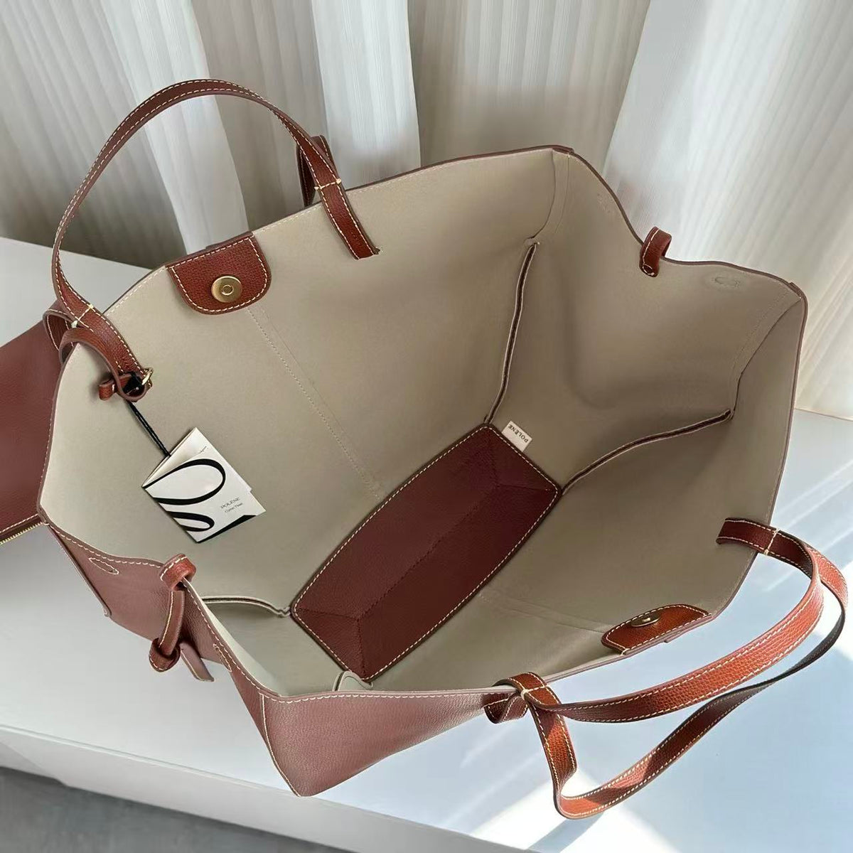 Polène 2026 Cyme Textured Tote Bag 38cm Cognac Leather