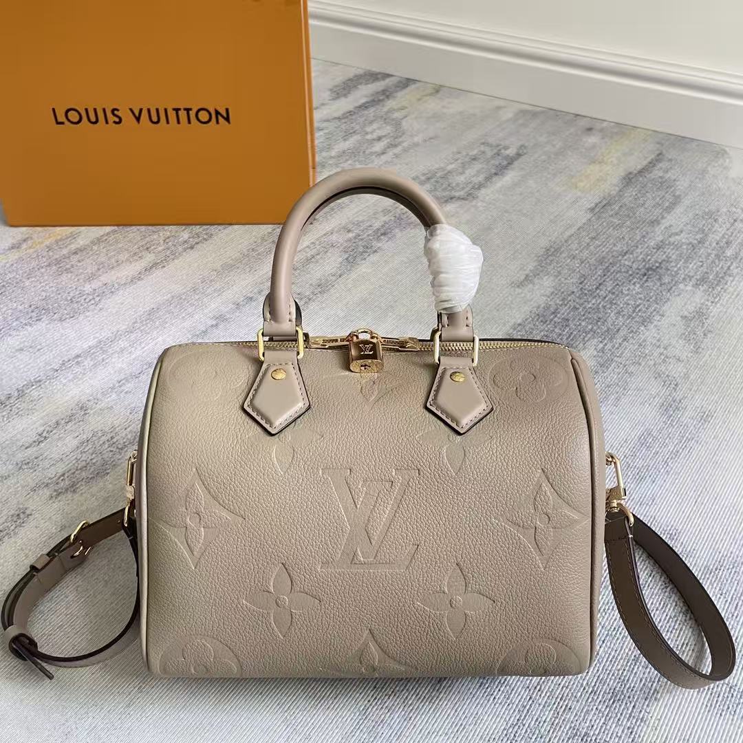 LV 2026 Speedy Bandoulière 25cm Tourterelle Grey Embossed Textured Cowhide