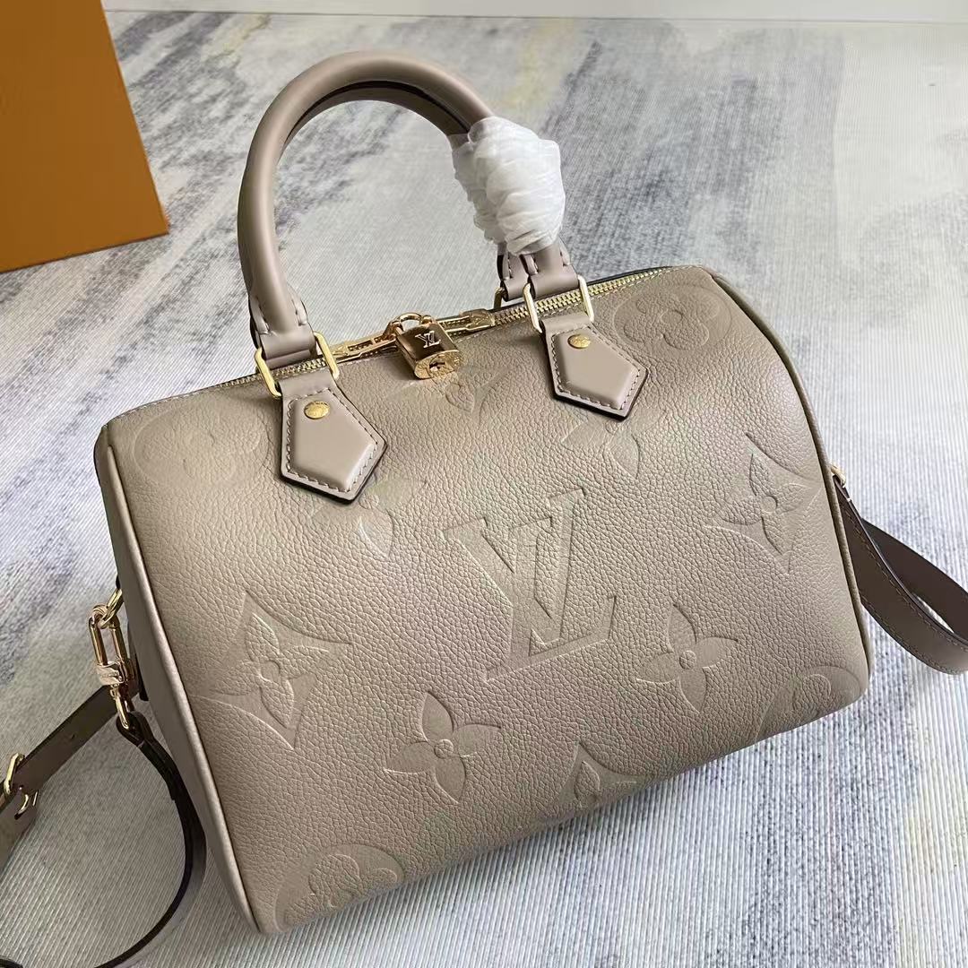 LV 2026 Speedy Bandoulière 25cm Tourterelle Grey Embossed Textured Cowhide