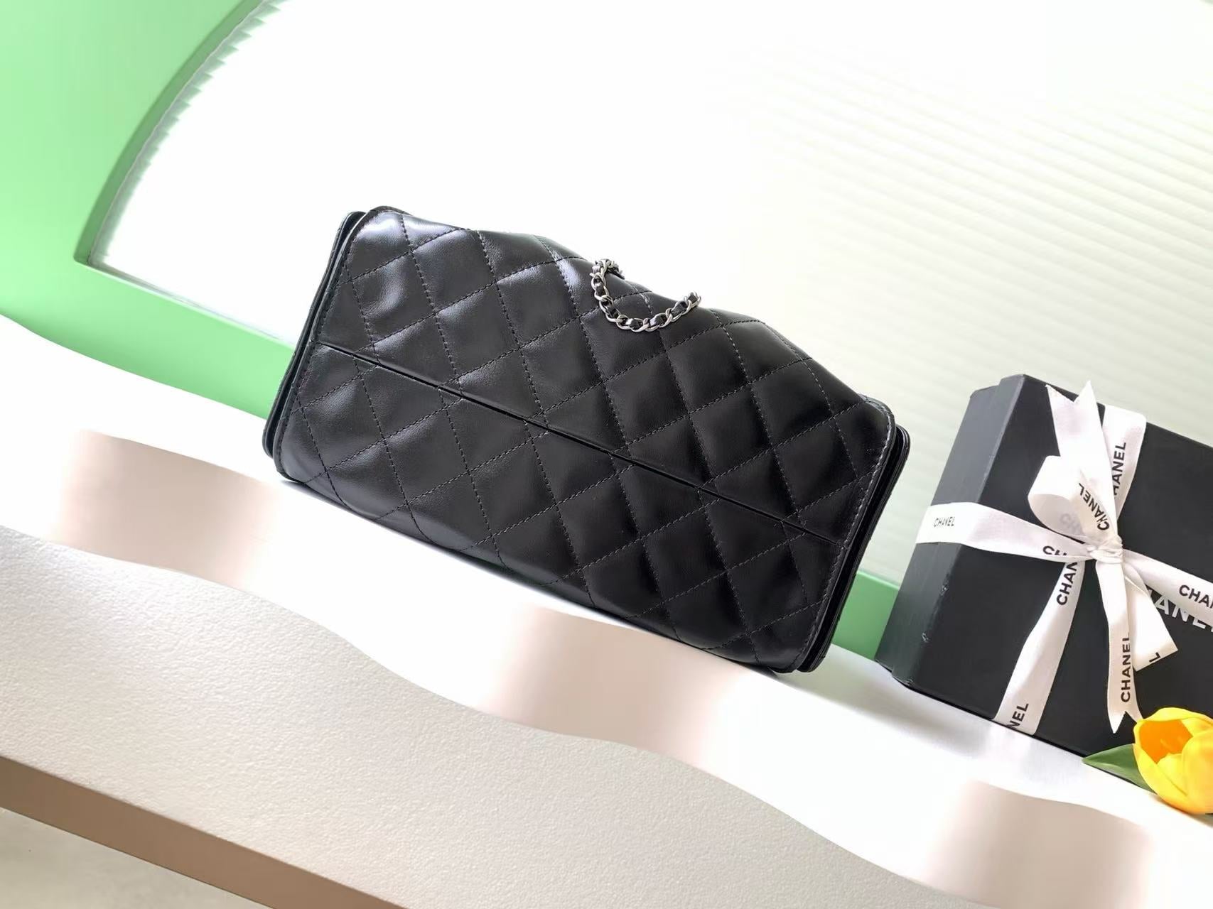 Chanel 2026 Hobo Bag 30cm Black Lambskin Silver Hardware