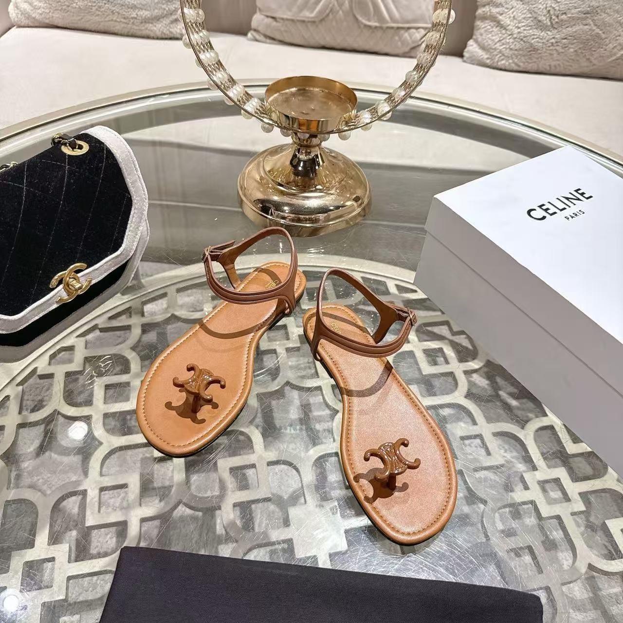 Celine 2026 Bay Triomphe Thong Sandals Calfskin