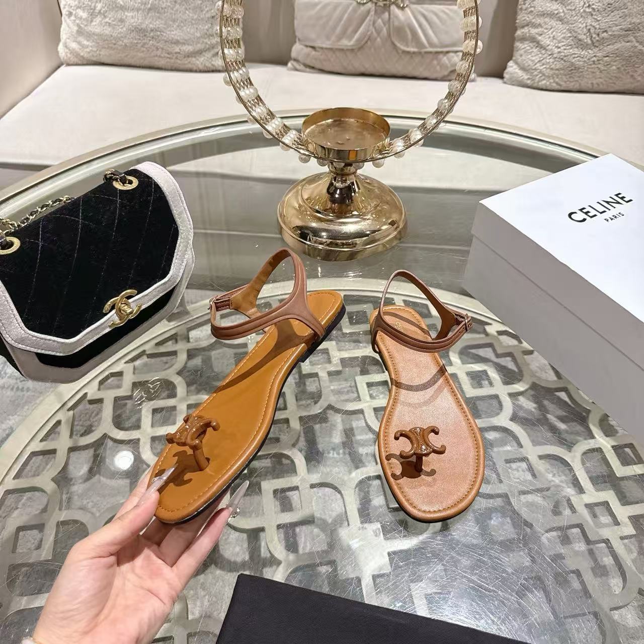 Celine 2026 Bay Triomphe Thong Sandals Calfskin