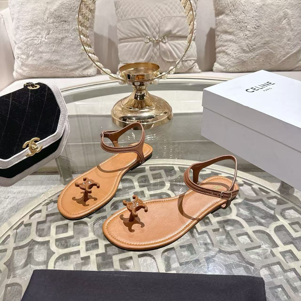 Celine 2026 Bay Triomphe Thong Sandals Calfskin