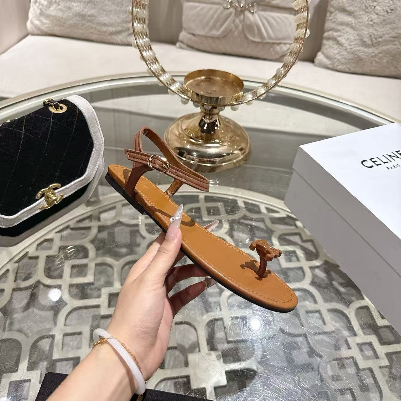 Celine 2026 Bay Triomphe Thong Sandals Calfskin