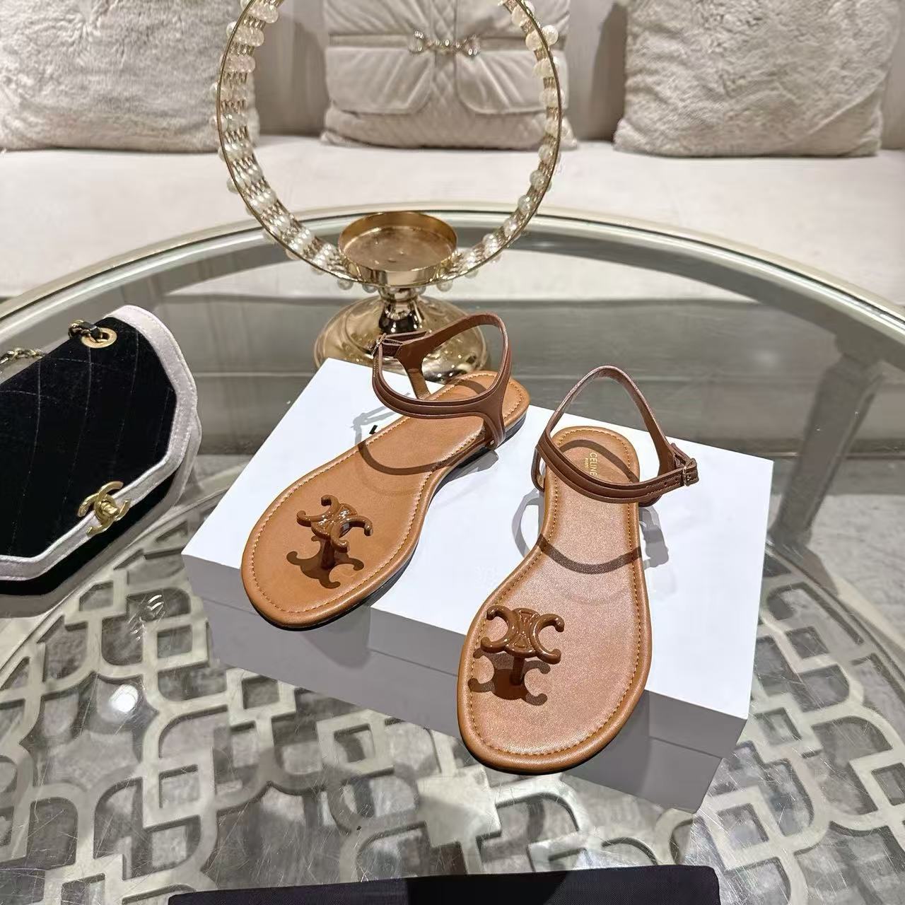 Celine 2026 Bay Triomphe Thong Sandals Calfskin