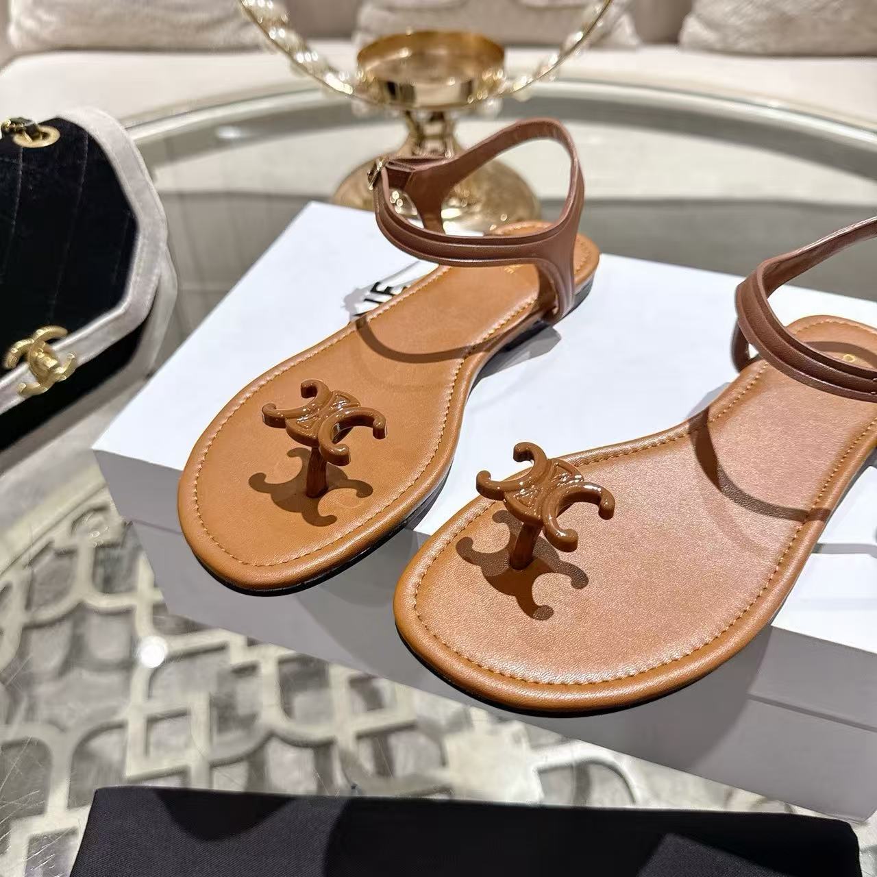 Celine 2026 Bay Triomphe Thong Sandals Calfskin
