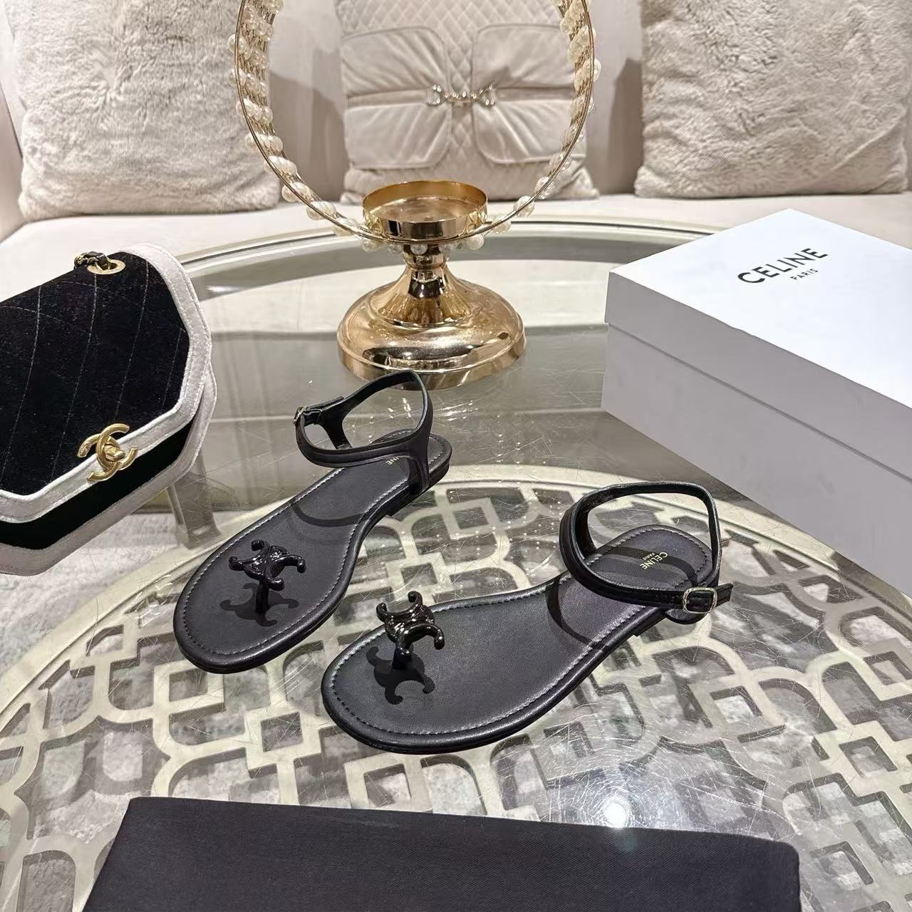 Celine 2026 Bay Triomphe Thong Sandals Calfskin