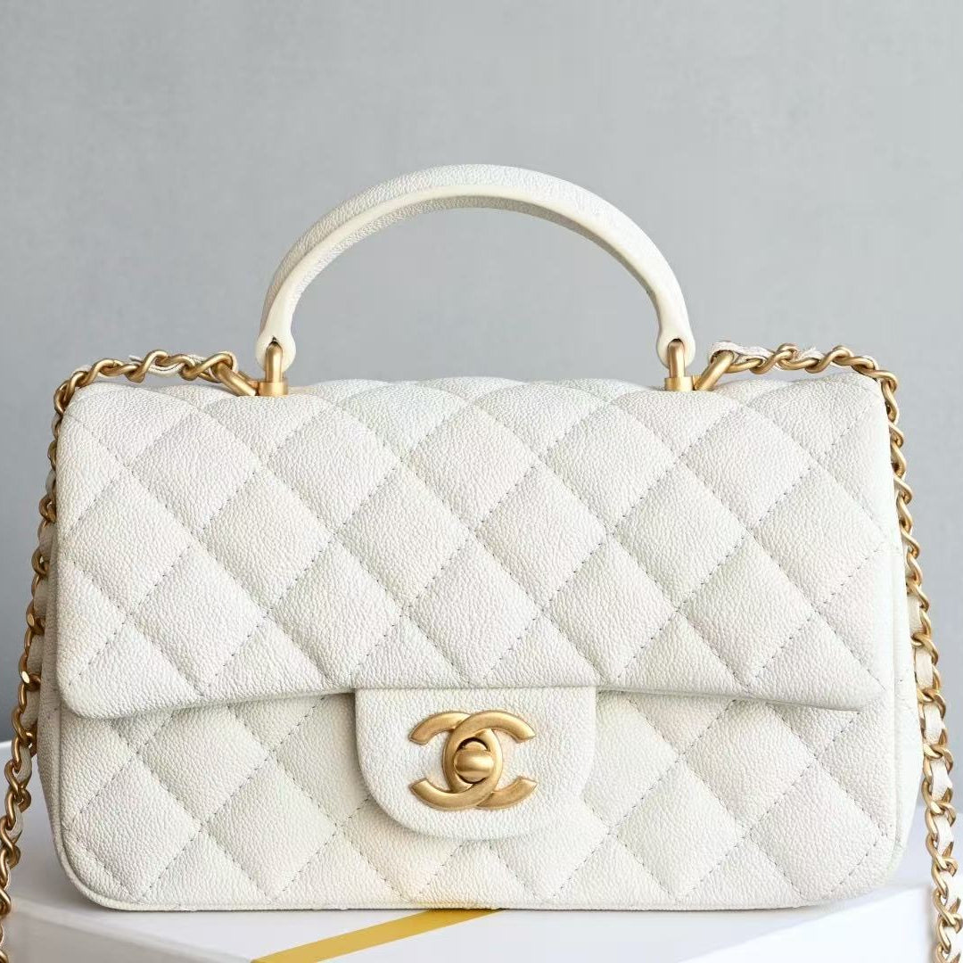 Chanel 2026 Quilted Mini Top Handle Rectangular Flap 20cm White Gold Caviar Leather