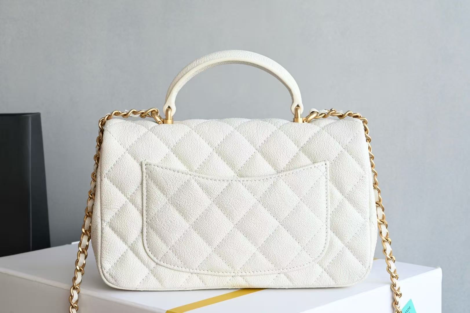 Chanel 2026 Quilted Mini Top Handle Rectangular Flap 20cm White Gold Caviar Leather