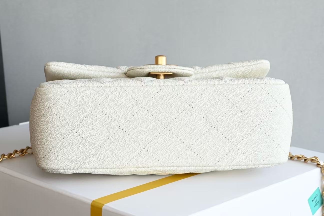 Chanel 2026 Quilted Mini Top Handle Rectangular Flap 20cm White Gold Caviar Leather