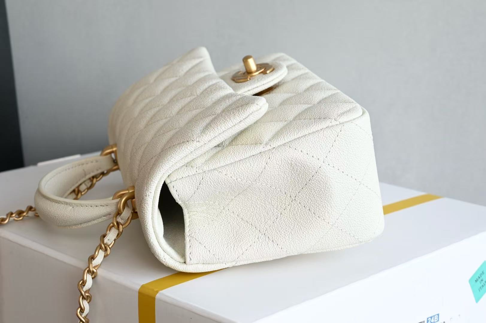 Chanel 2026 Quilted Mini Top Handle Rectangular Flap 20cm White Gold Caviar Leather