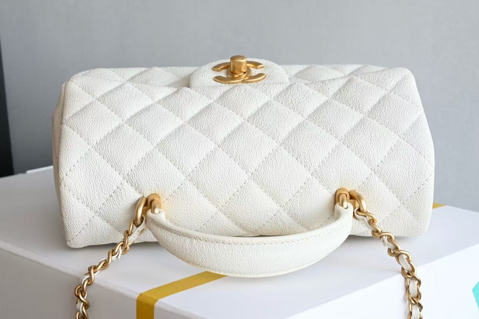 Chanel 2026 Quilted Mini Top Handle Rectangular Flap 20cm White Gold Caviar Leather