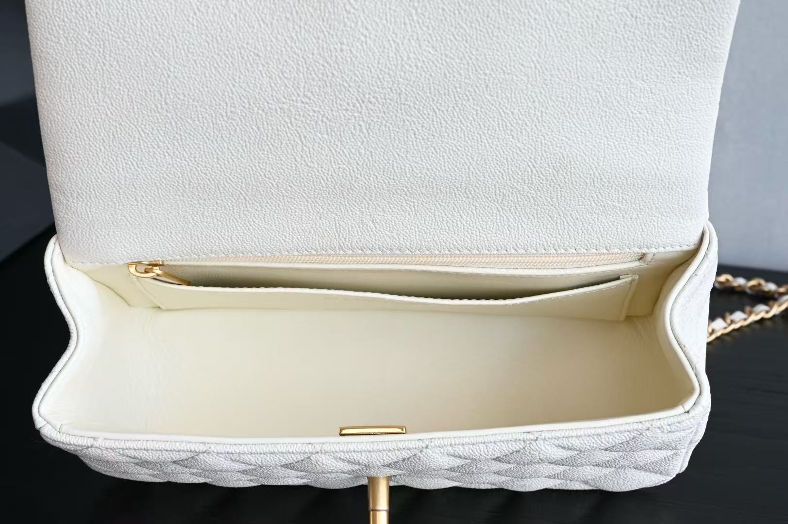 Chanel 2026 Quilted Mini Top Handle Rectangular Flap 20cm White Gold Caviar Leather