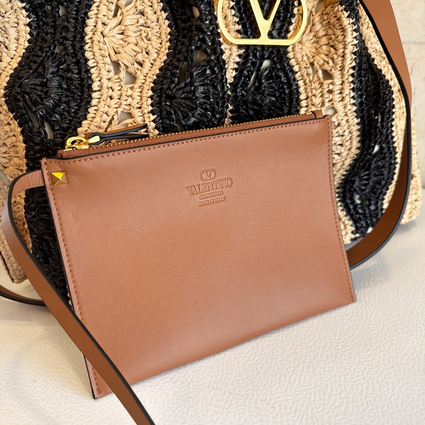 Valentino 2026 Garavani Shopping Bag Beige Black Raffia Leather