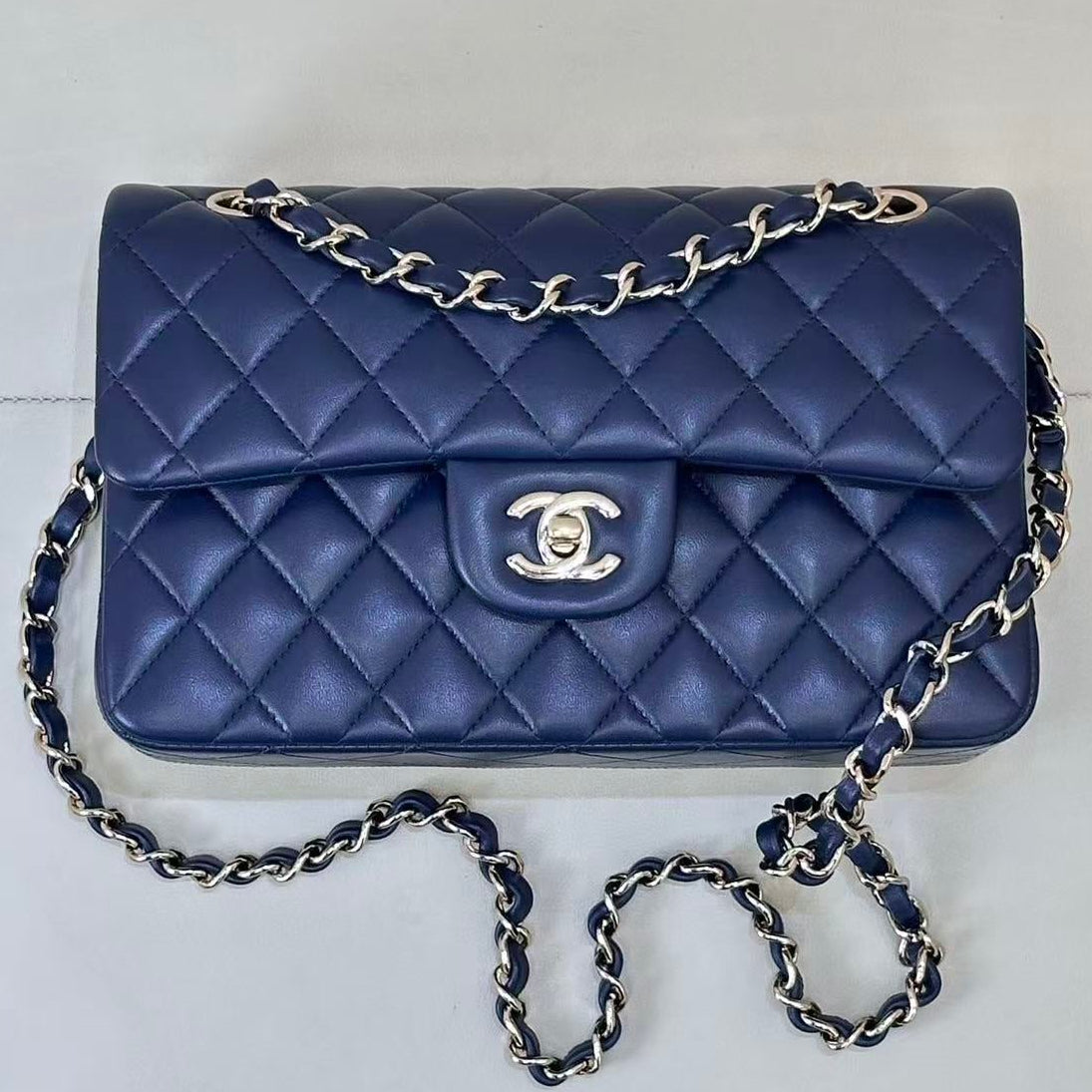 Chanel 202 Classic Double Flap Bag 25cm Navy Blue Quilted Lambskin