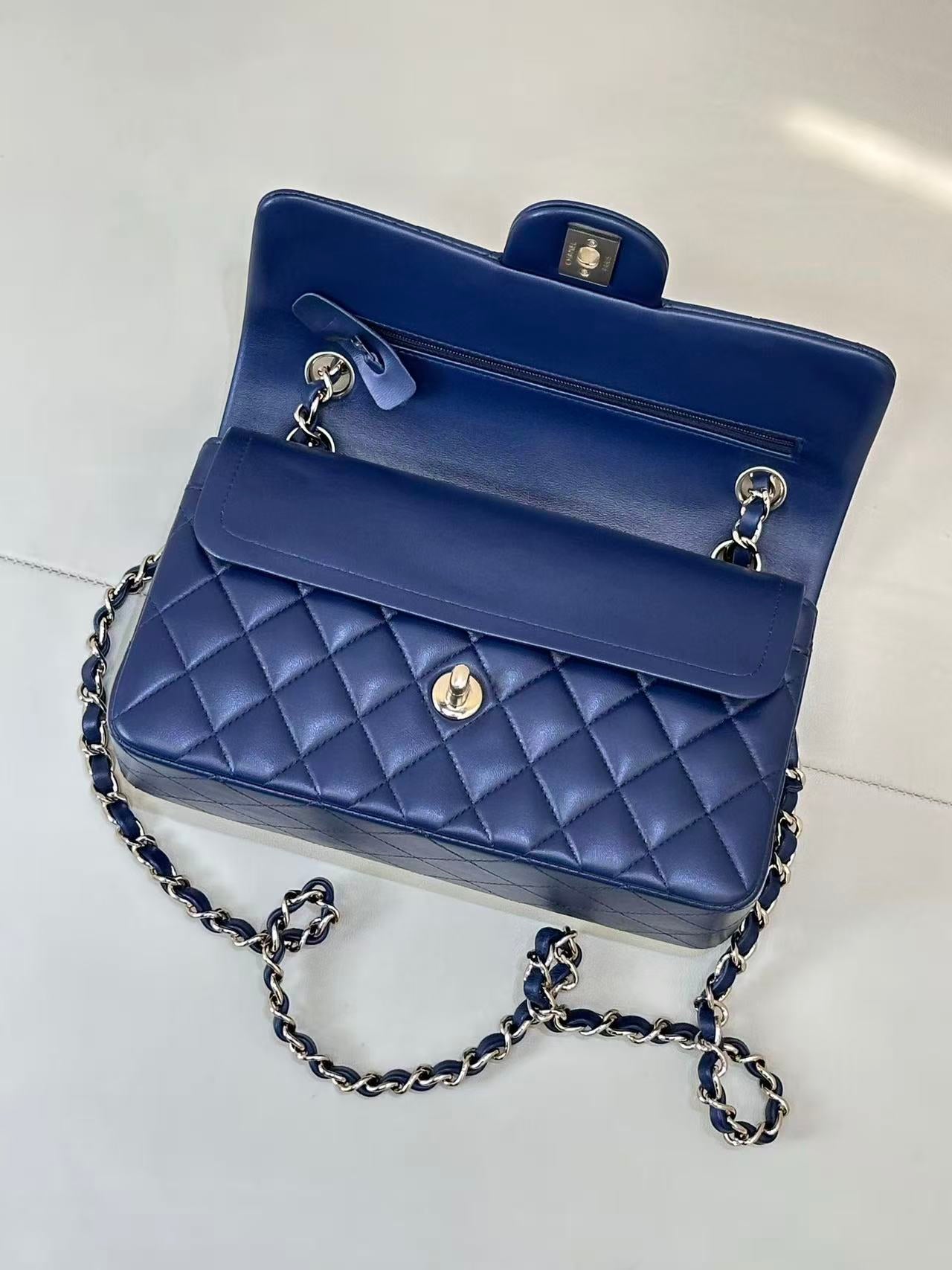 Chanel 202 Classic Double Flap Bag 25cm Navy Blue Quilted Lambskin