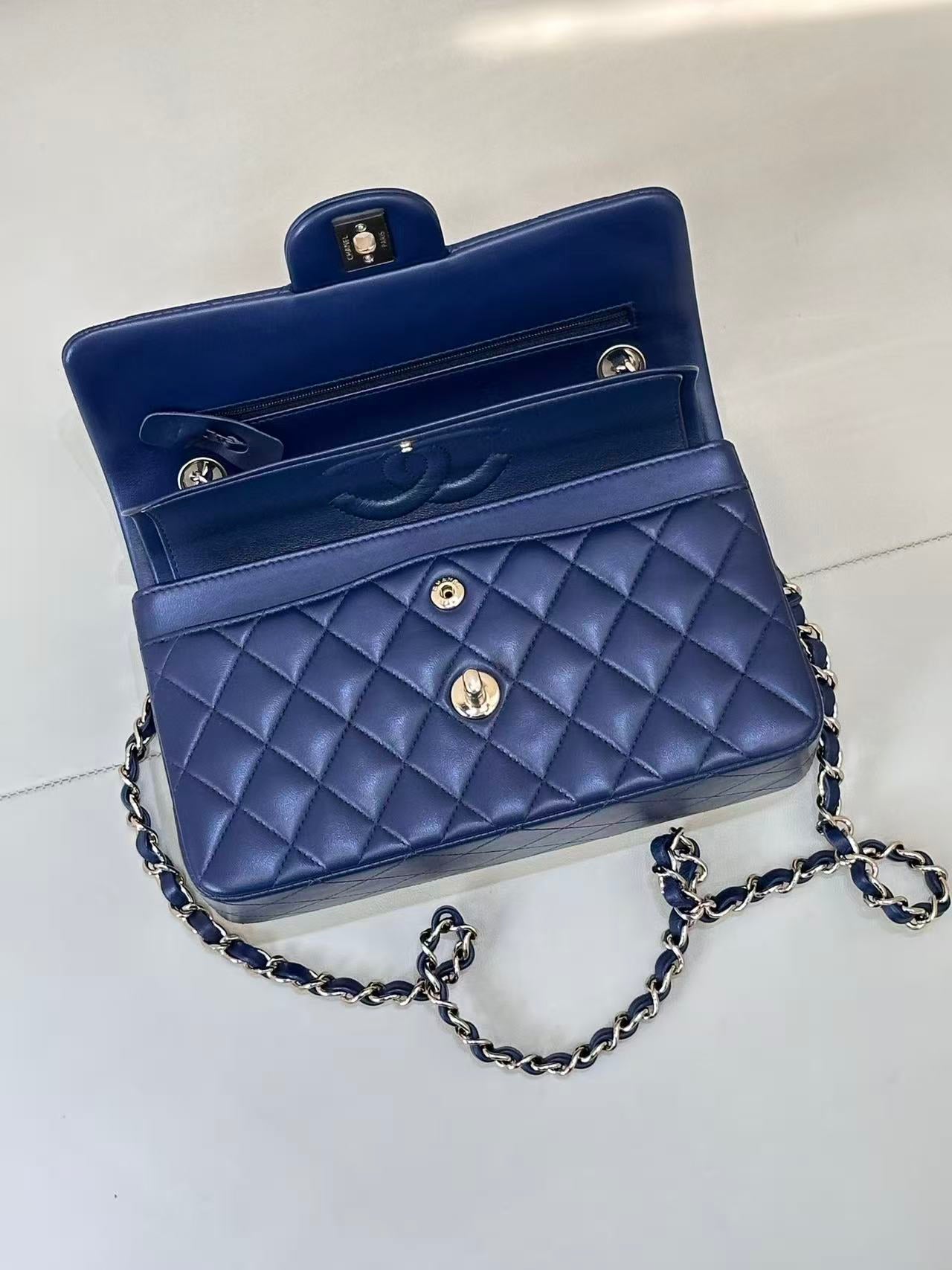 Chanel 202 Classic Double Flap Bag 25cm Navy Blue Quilted Lambskin