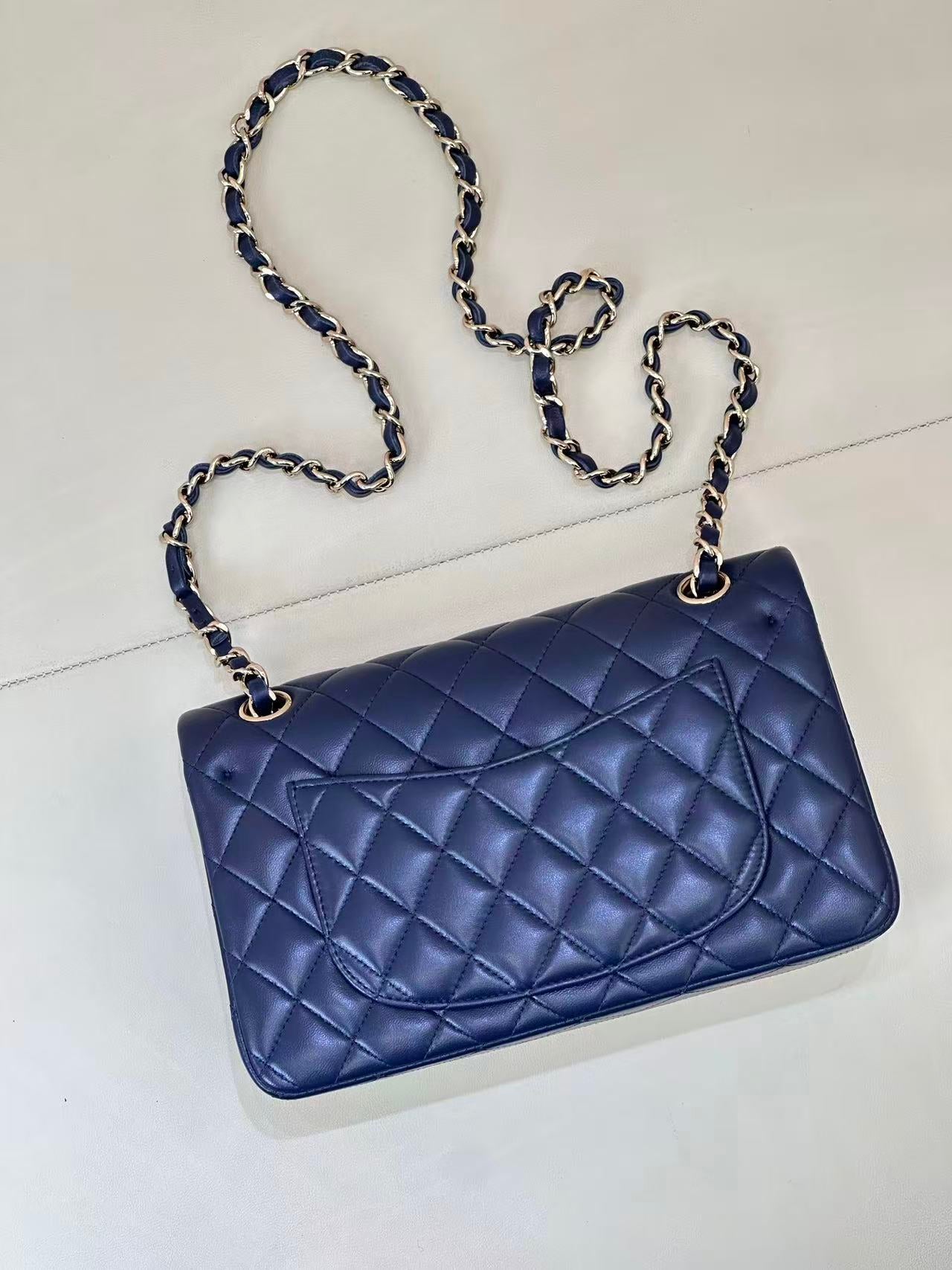Chanel 202 Classic Double Flap Bag 25cm Navy Blue Quilted Lambskin