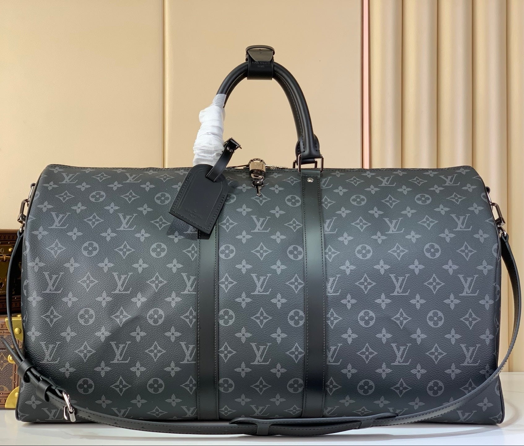 LV 2026 Keepall Bandouliere 55cm Bag Grey Monogram Eclipse Canvas And Cowhide