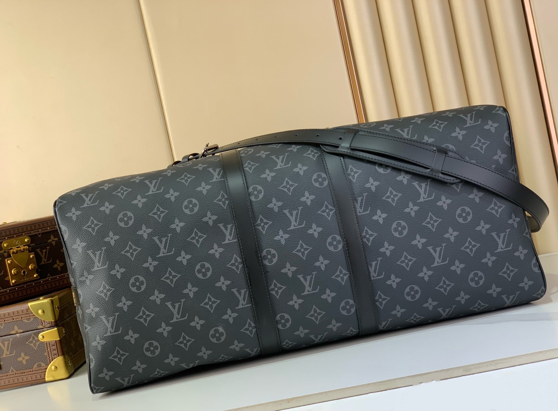 LV 2026 Keepall Bandouliere 55cm Bag Grey Monogram Eclipse Canvas And Cowhide