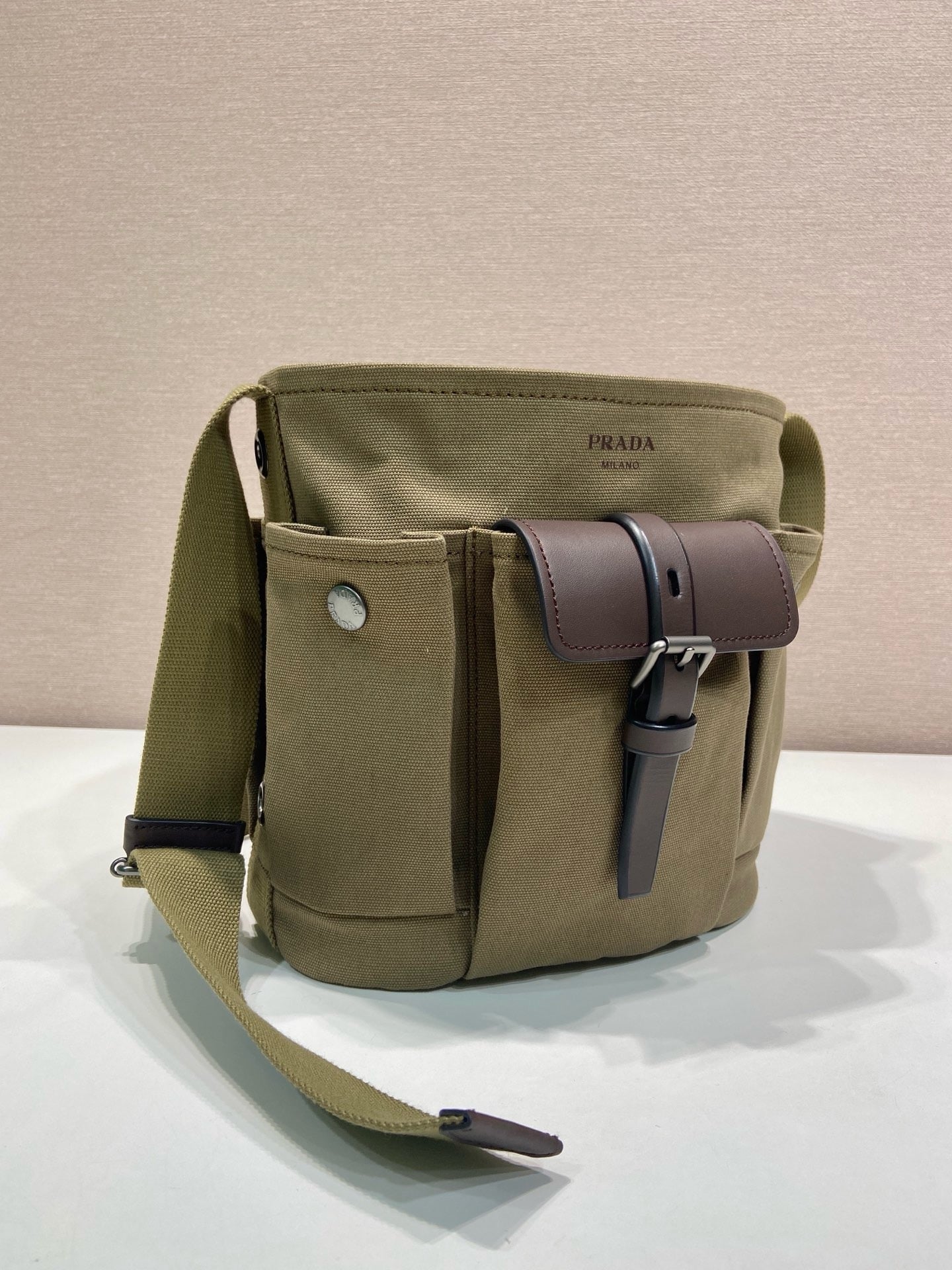 Prada 2026 Route Bag 24.5cm Khaki Canvas Leather