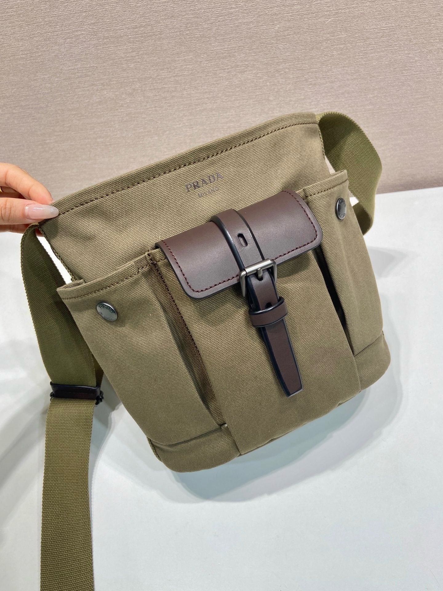 Prada 2026 Route Bag 24.5cm Khaki Canvas Leather