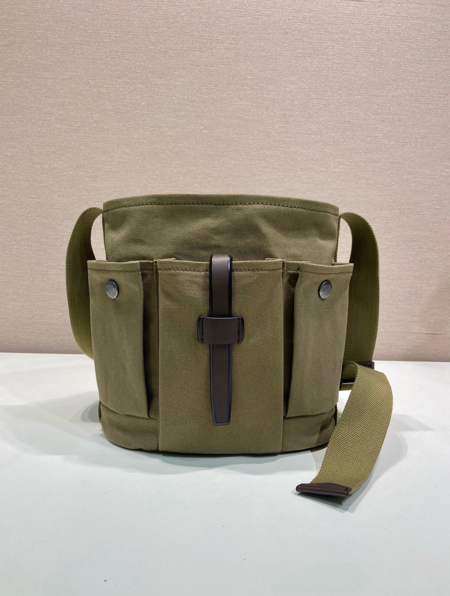 Prada 2026 Route Bag 24.5cm Khaki Canvas Leather