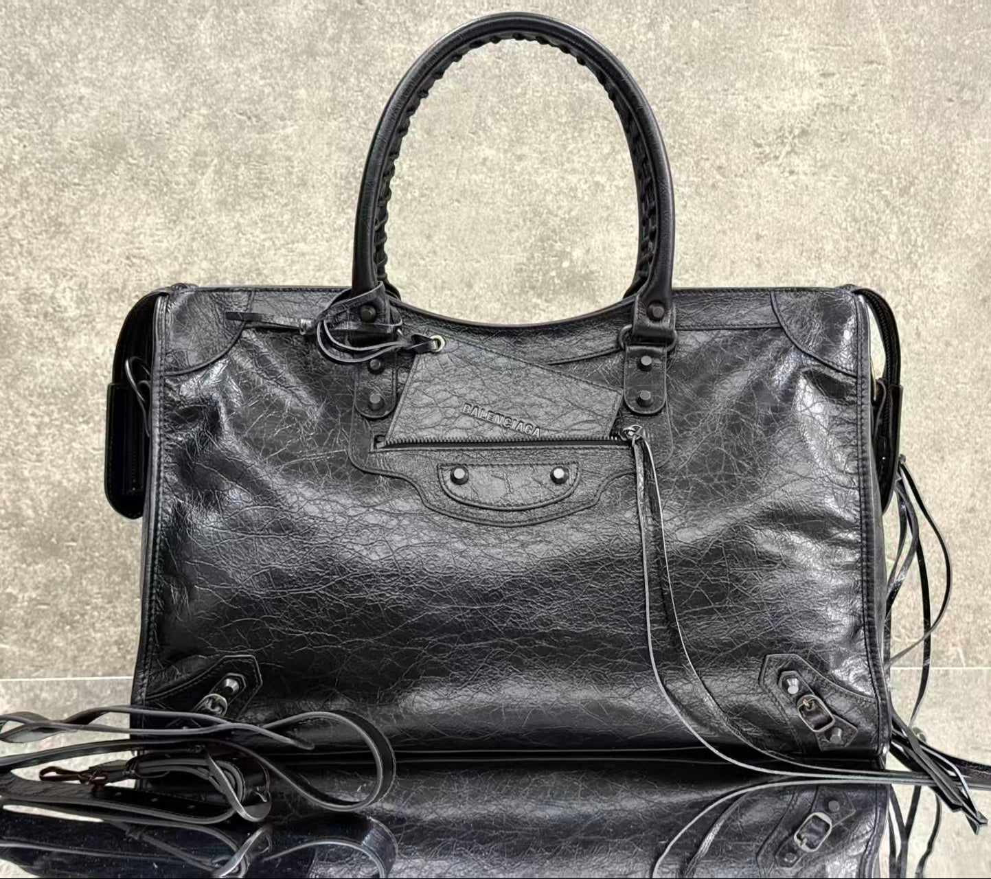 Balenciaga 2026 Le City Large Bag 46cm Black Crinkled Leather