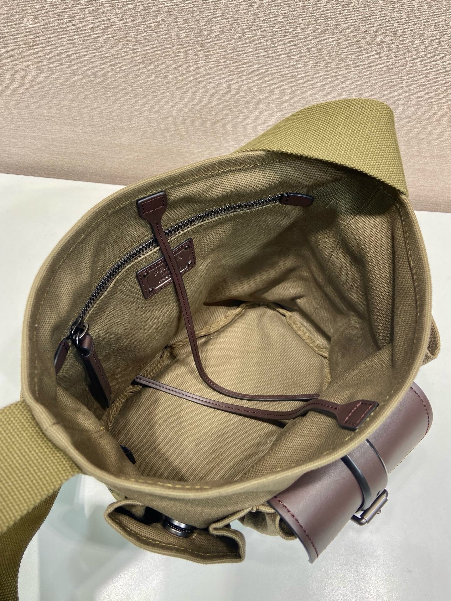 Prada 2026 Route Bag 24.5cm Khaki Canvas Leather