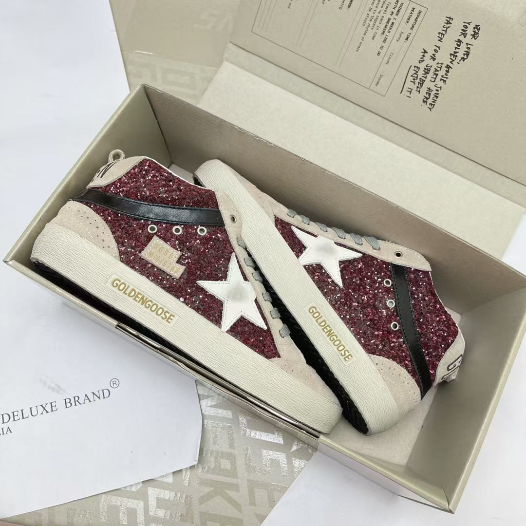 Golden Goose 2026 Mid Star High-top Sneaker Burgundy Glitter Calfskin