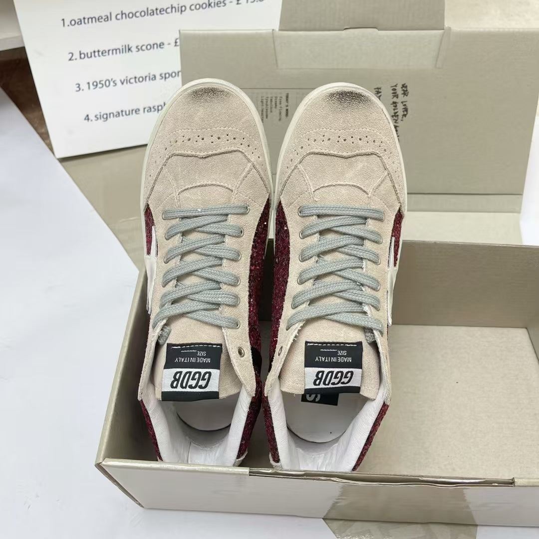 Golden Goose 2026 Mid Star High-top Sneaker Burgundy Glitter Calfskin