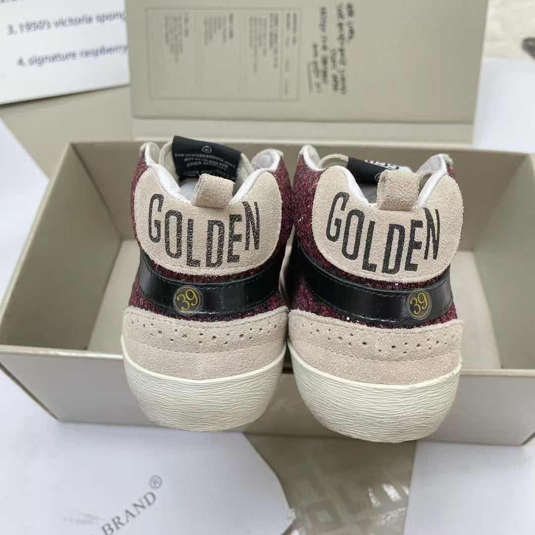 Golden Goose 2026 Mid Star High-top Sneaker Burgundy Glitter Calfskin