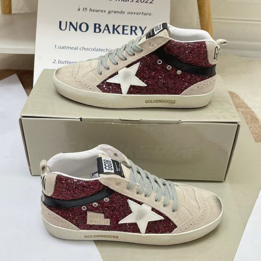 Golden Goose 2026 Mid Star High-top Sneaker Burgundy Glitter Calfskin