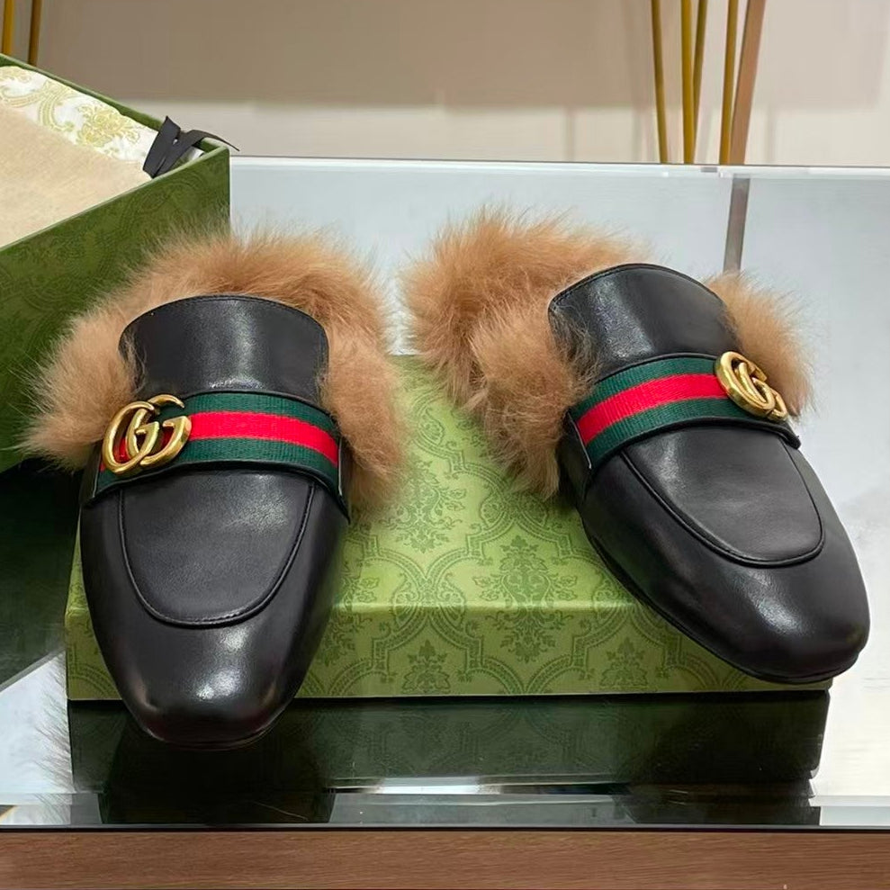 Gucci 2026 Mule With Fur Trim Black Red Green Leather