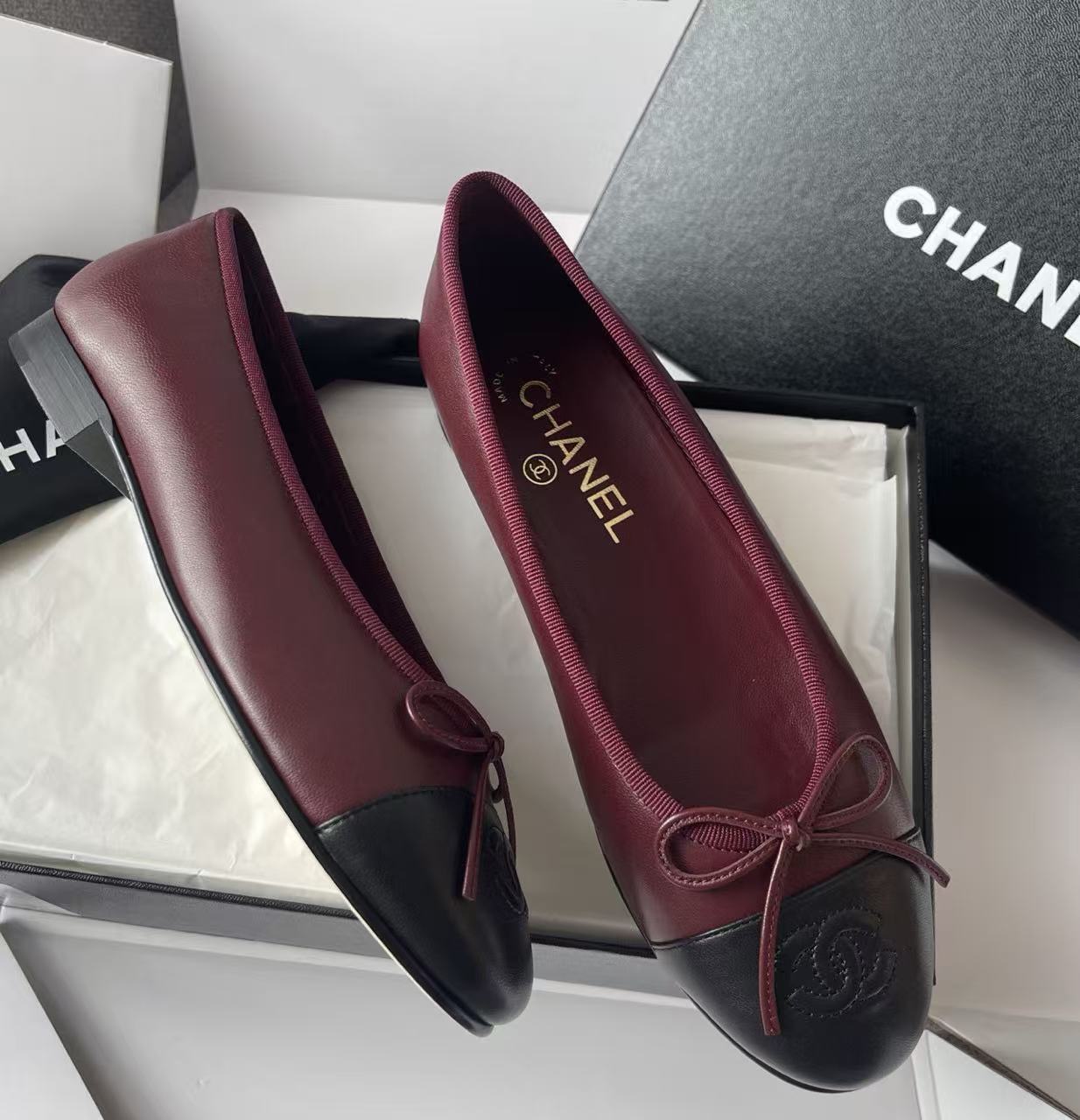 Chanel 2026 Ballet Flat Burgundy Mix Black Lambskin