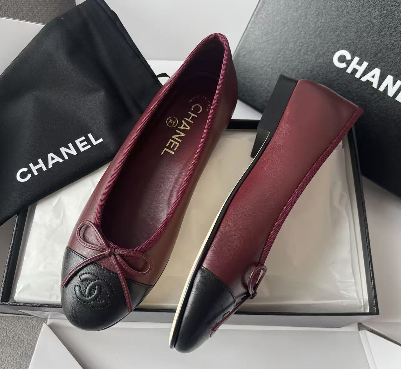 Chanel 2026 Ballet Flat Burgundy Mix Black Lambskin