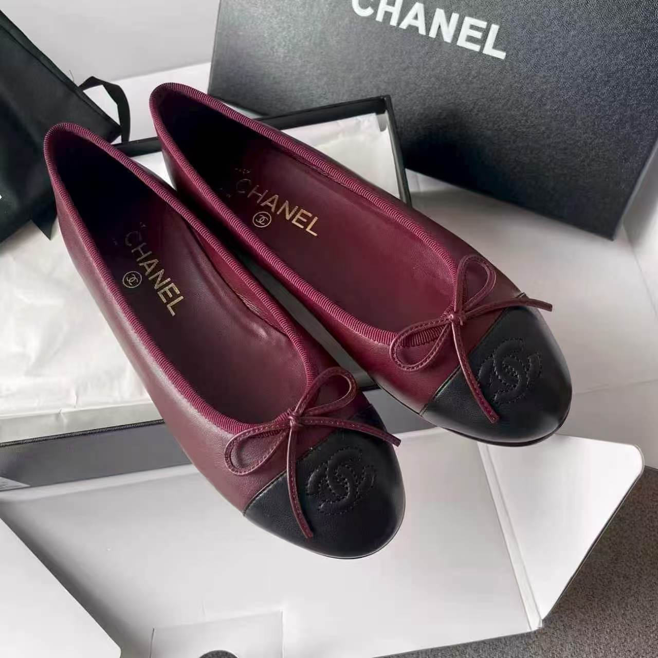 Chanel 2026 Ballet Flat Burgundy Mix Black Lambskin