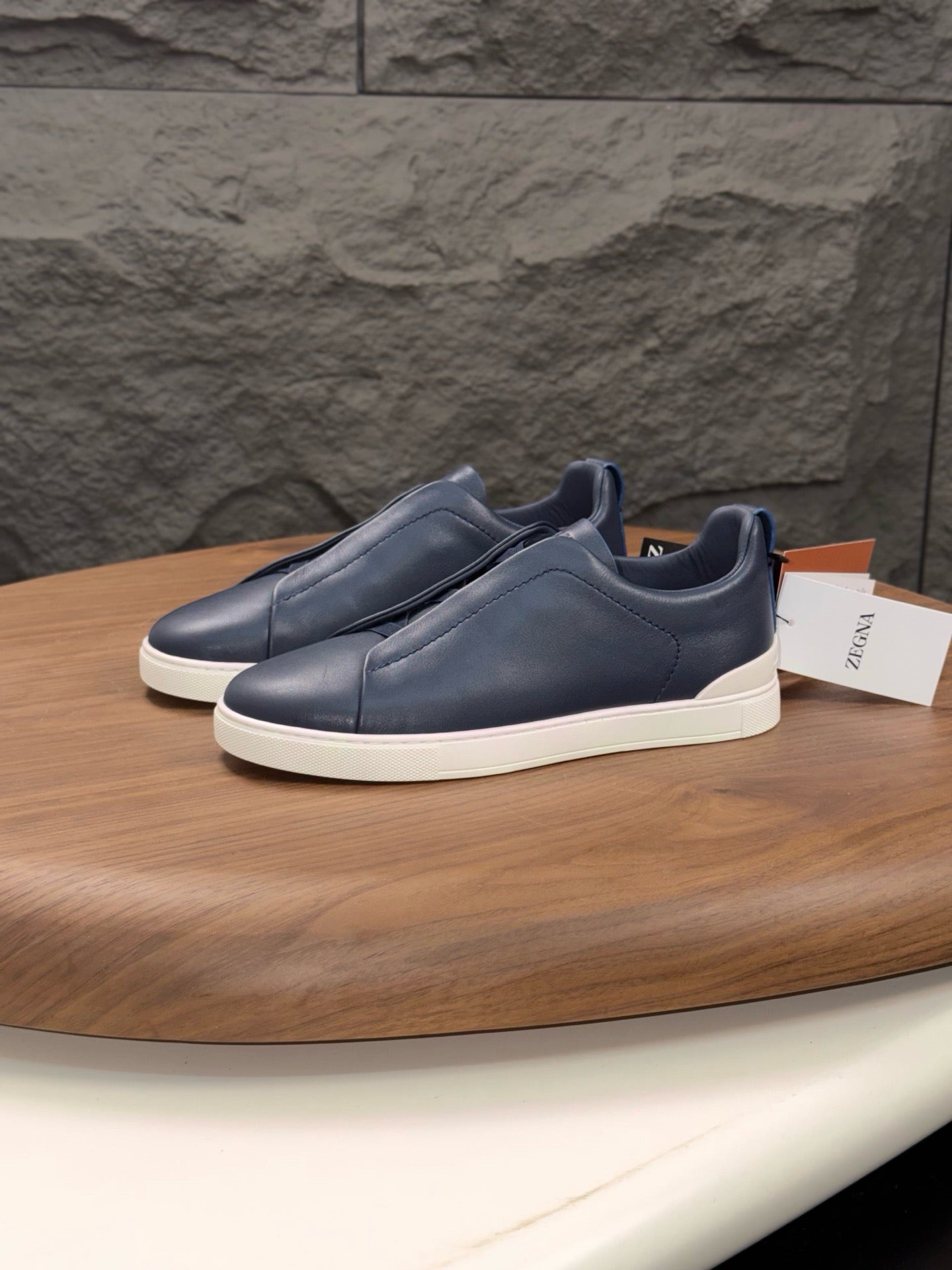 Zegna 2026 Triple Stitch Sneaker Navy Blue White Sheepskin
