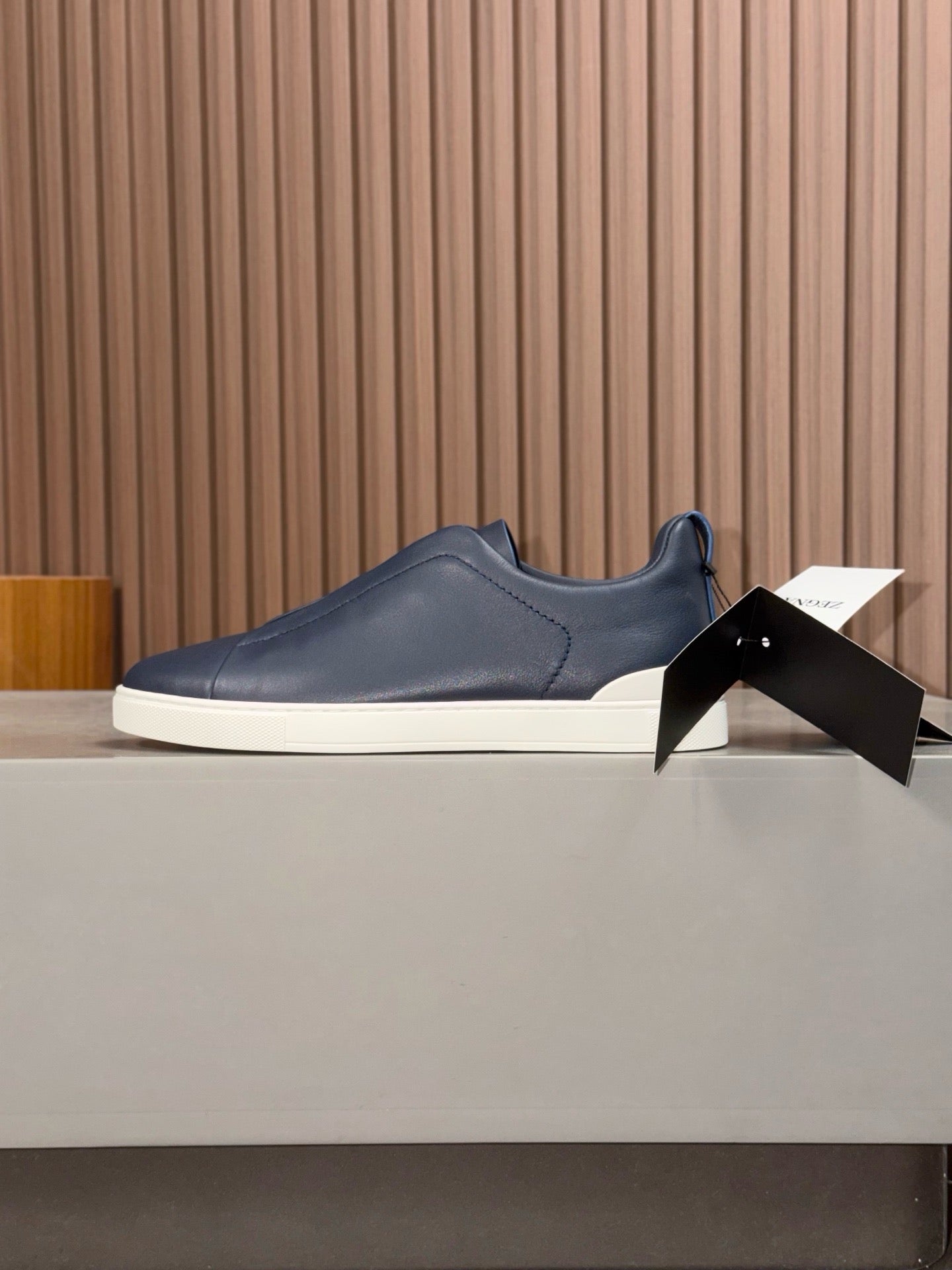 Zegna 2026 Triple Stitch Sneaker Navy Blue White Sheepskin