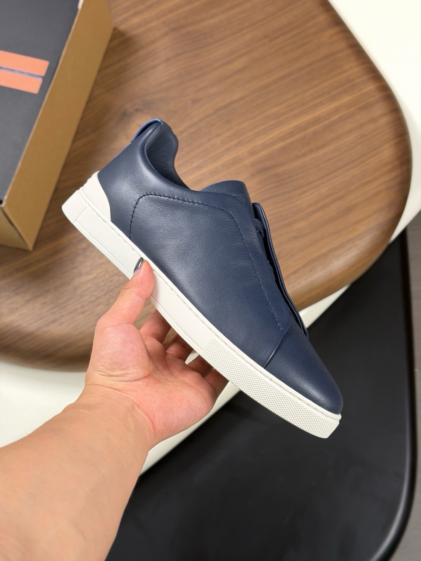 Zegna 2026 Triple Stitch Sneaker Navy Blue White Sheepskin
