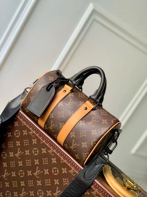 LV 2026 Keepall Bandouliere Bag 25cm Black Brown Canvas Cowhide