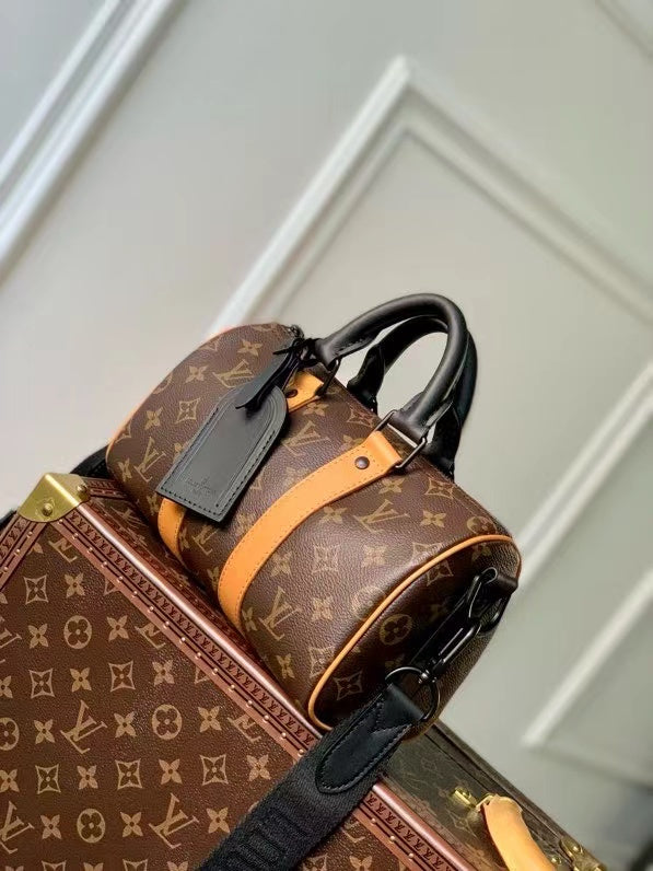 LV 2026 Keepall Bandouliere Bag 25cm Black Brown Canvas Cowhide