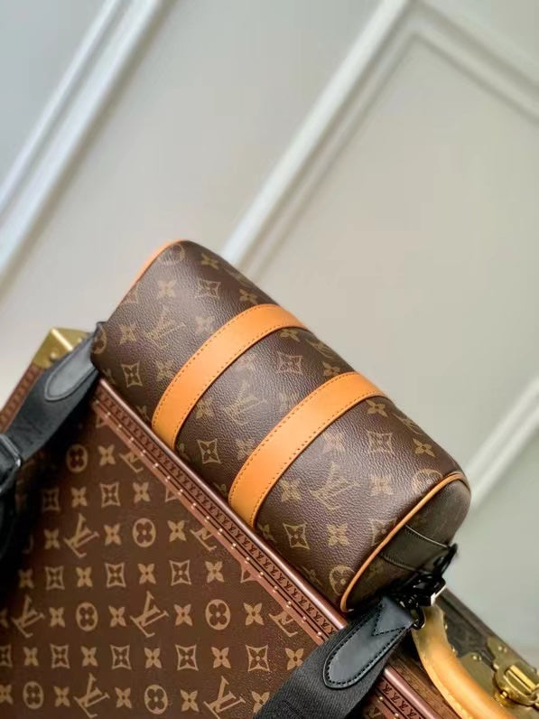 LV 2026 Keepall Bandouliere Bag 25cm Black Brown Canvas Cowhide
