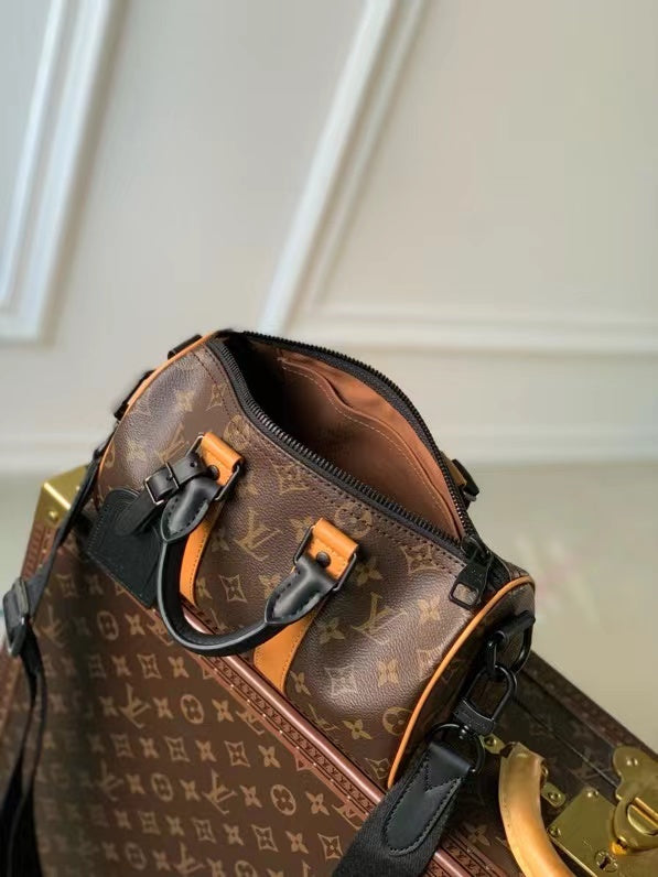 LV 2026 Keepall Bandouliere Bag 25cm Black Brown Canvas Cowhide