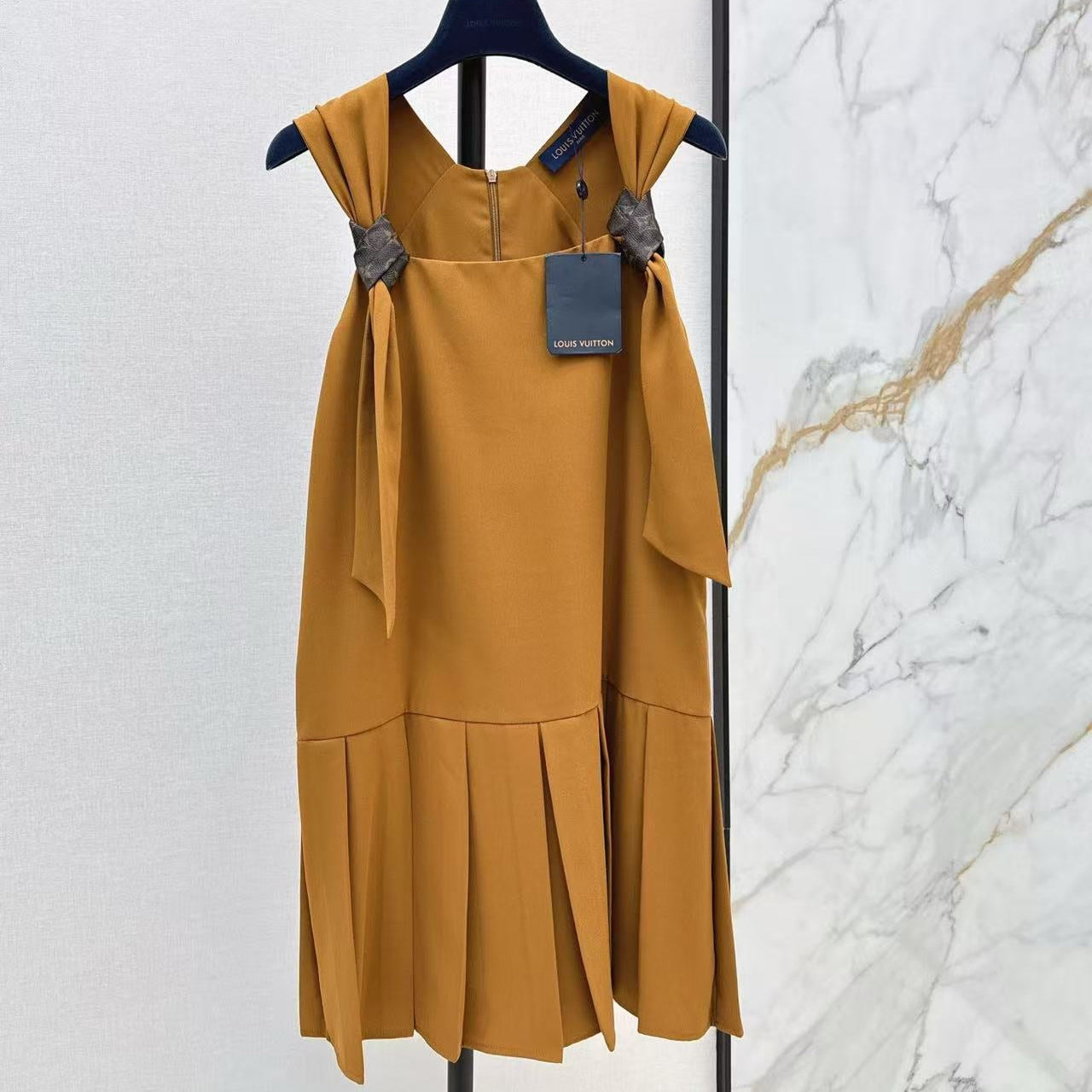 LV 2026 Monogram Knot Pleat Hem Dress Tan Polyester