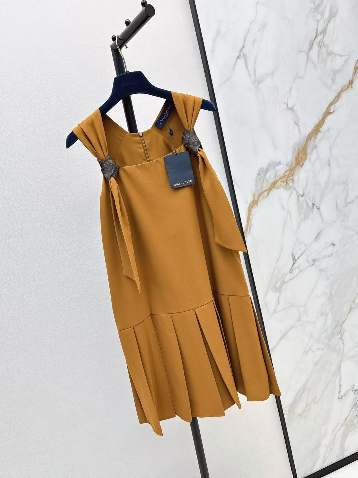 LV 2026 Monogram Knot Pleat Hem Dress Tan Polyester