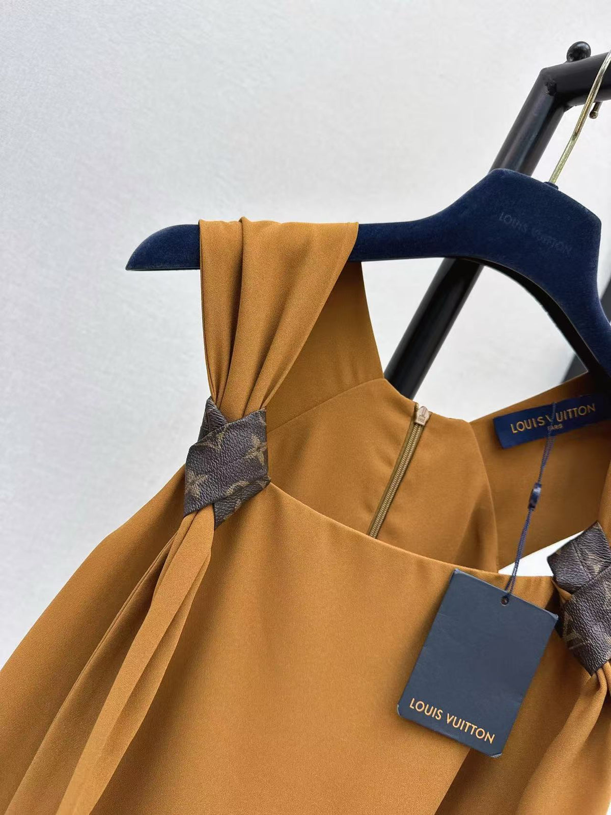 LV 2026 Monogram Knot Pleat Hem Dress Tan Polyester