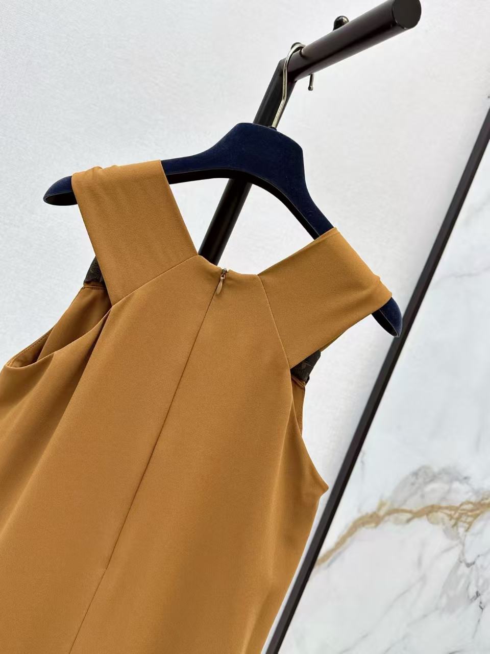LV 2026 Monogram Knot Pleat Hem Dress Tan Polyester