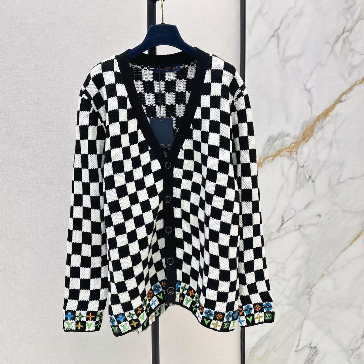 LV 2026 V-neck Knitted Cardigan Black White Wool